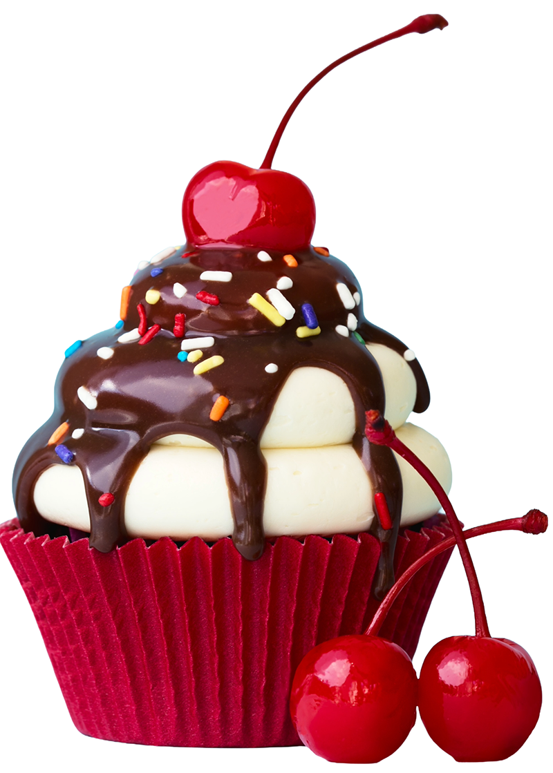 cupcake with chocolate sauce, sprinkles and a cherry on top